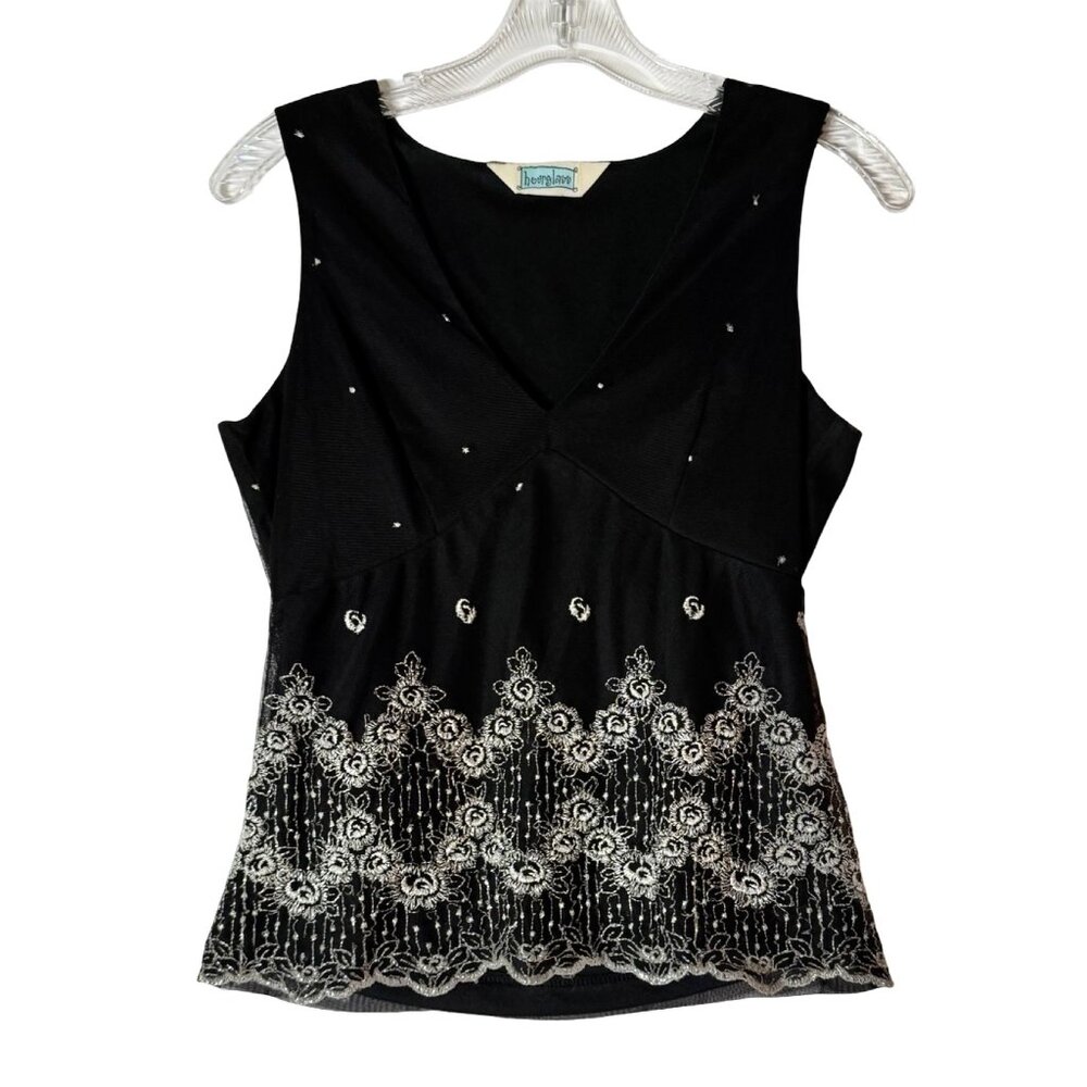Black Embellished Hourglass Top – Elegant Metallic Lace Hem and Silver Accents
